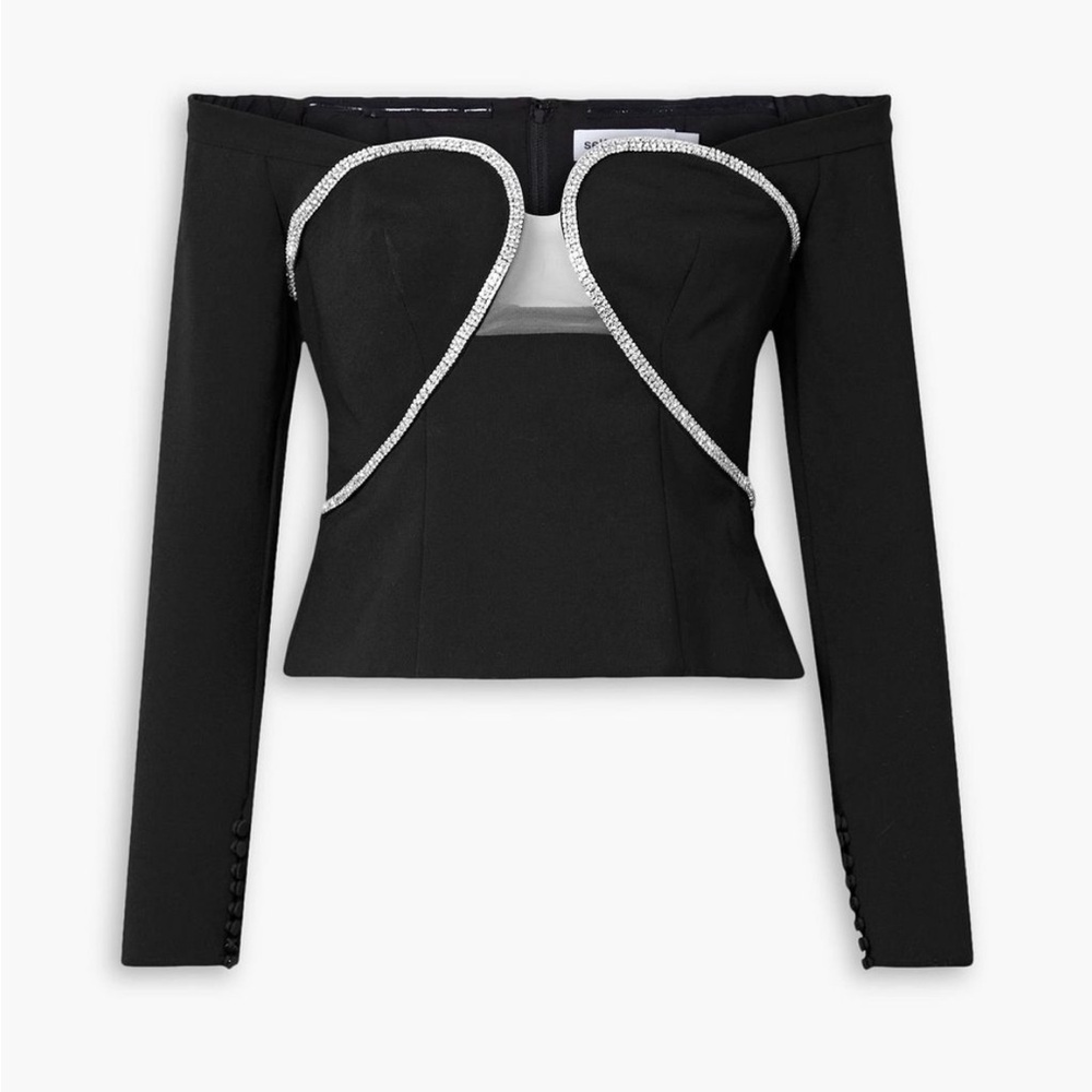 SELF-PORTRAIT 
Off-the-shoulder tulle-trimmed crystal-embellished crepe top